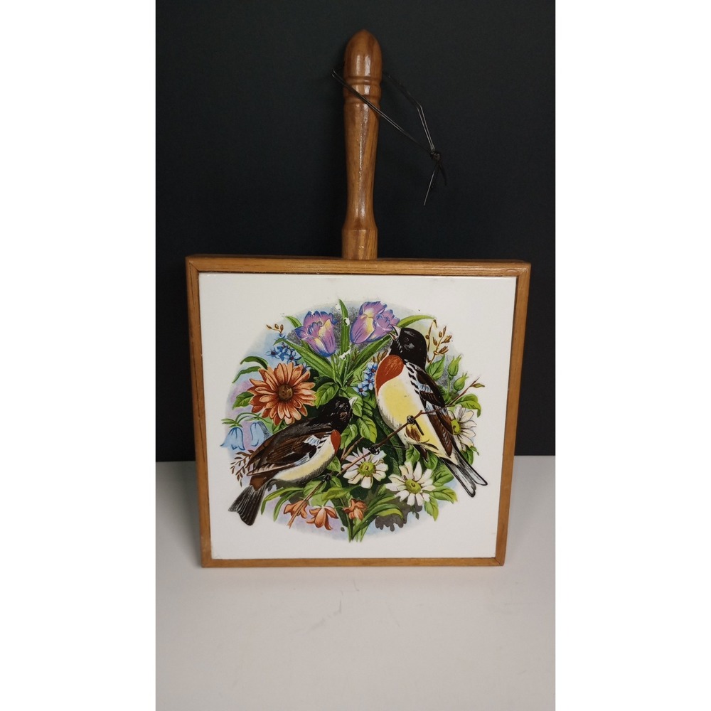 Vintage Ceramic/Wood Trivet wood handle Red breasted Bird &Flowers *READ*